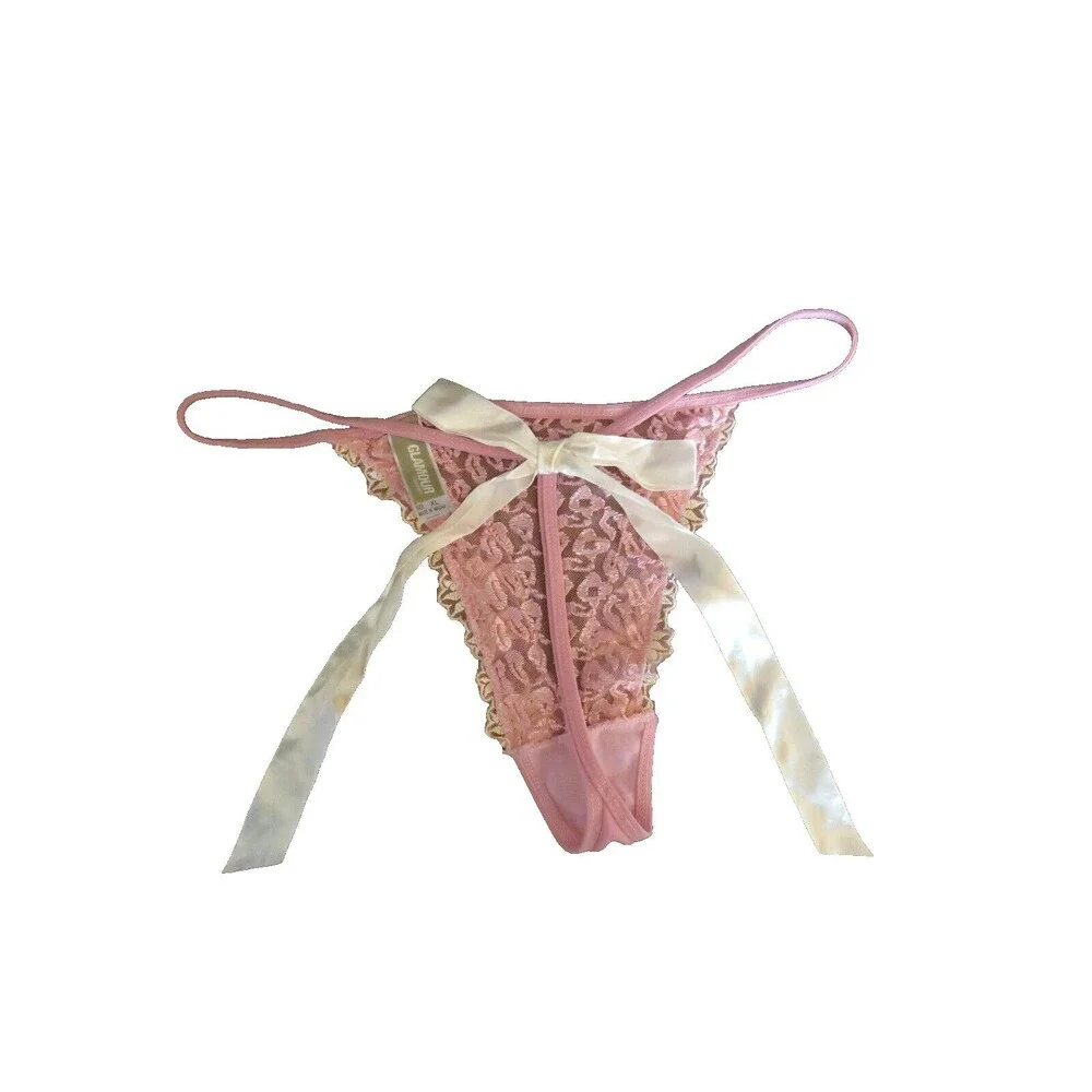Vintage Glamour Pink Mesh Embroidered Thong Panties Satin Back Bow Size XL - Picture 8 of 14